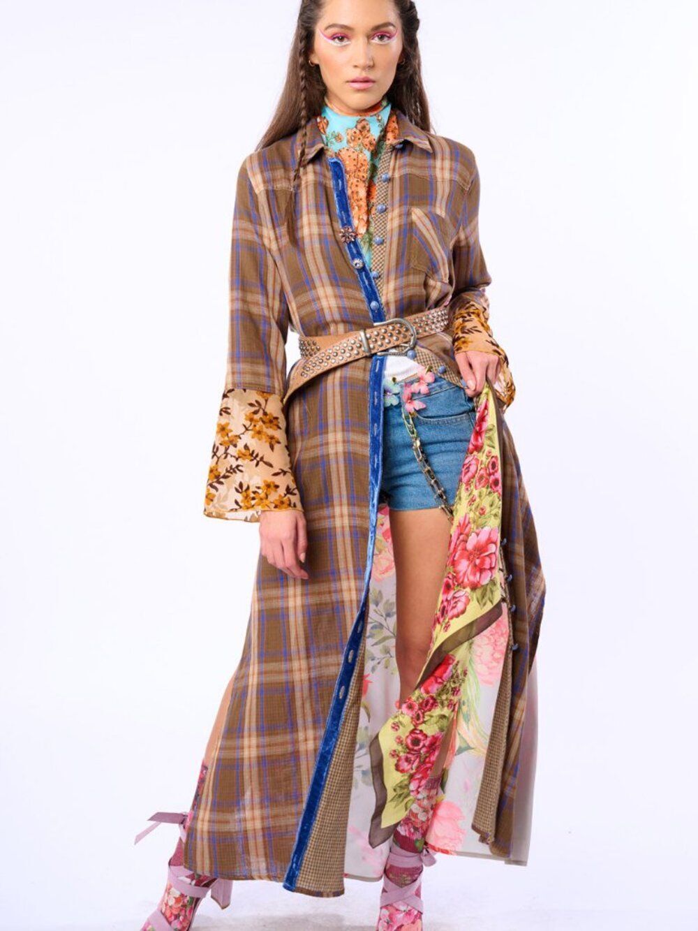 NWT Aratta Brown Plaid Maxi Duster with Peacock and Floral Design Sz XS